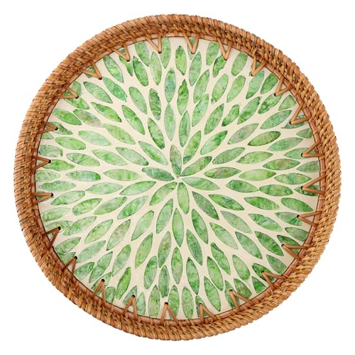 Handwoven Round Rattan Tray with Mother of Pearl Inlay, 11.02inch Round Decorative Serving Tray for Dining Table, Wall Decor & Gift(Size:Leaf)