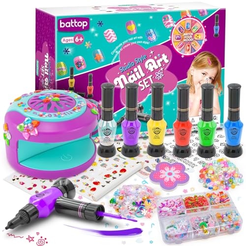 BATTOP Kids Nail Art Kit for Girls Ages 7-12 with Nail Dryer & 2 in 1 Water Based Nail Polish Pen & 3D Decoration & Sticker and Nail Flier - Idea Birthday Gifts for Girls 7 8 9 10 11 12