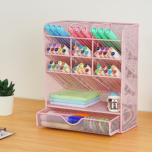 Spacrea Pen Holder Desk Organizer - Desk Organizers and Accessories, Pencil Holder with 10 Compartments and 1 Drawer（Pink）