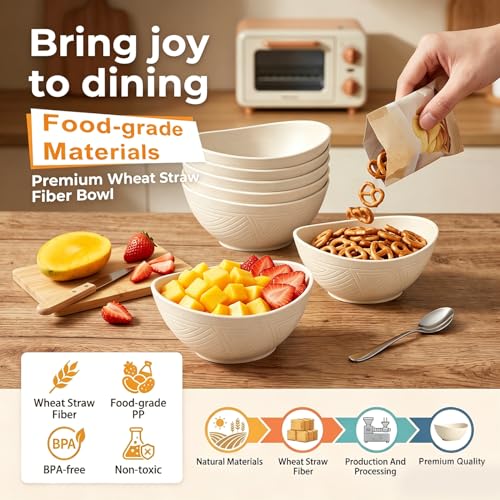Salad Bowls 26oz, Oval Wheat Straw Bowls Sets of 6 - Beige - color: Beige, size: 26 oz (6 PCS)