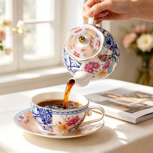 KAMMAK Tea for One Set, Ceramic Teapot, Bone China Tea Set, Cup and Saucer - color: Blue-GH11