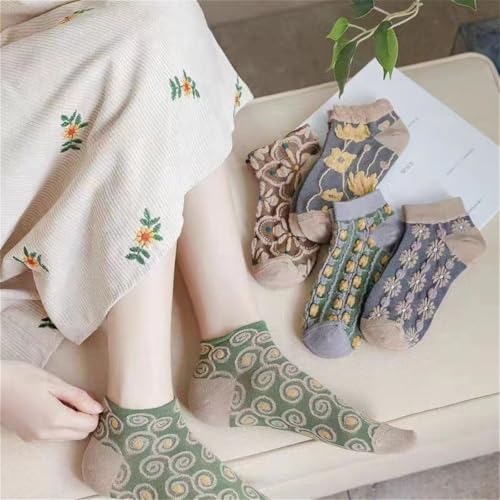 Women's Floral Vintage Palace Style 3D Stereo Flower Casual Ankle Socks 5 Pairs (FLORAL-2)
