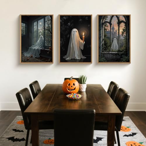LHIUEM Large Halloween Cute Ghost Framed Canvas Wall Art Set,Vintage Spooky Wall Decor,Retro Dark Prints,Midnight Candle Poster Artwork for Living Room,Bathroom,Dining Room -16"x24"x3 - color: Halloween Cute Ghost Wall Art, size: 24"L x 16"W