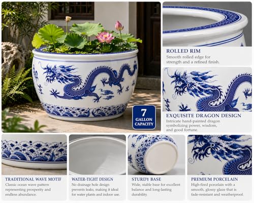 16" Blue and White Two Dragons Playing with a Pearl Fishbowl - color: blue and white
