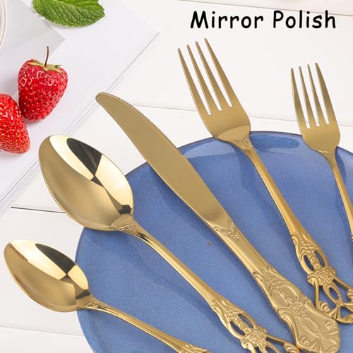 Retro Royal Gold Silverware Set With Gift Box, 20-Pieces Cutlery Set Utensils Stainless Steel Flatware For 4 MIKIWAY Kitchen Tableware Set For Gifts Festive, Dishwasher Safe, Mirror Polishing - color: A-Mirror Gold (Gift Box)