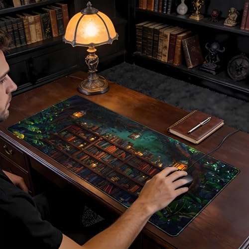 Large Desk Pad Anime Mouse Mat, Extended Gaming Mouse Pad Forest Library Keyboard Pad, Computer Desktop Pad Full Desk Mat XXL, Magical Cottagecore Decor for Office Laptop 31.5x15.7 Inch - color: Green Plant Library