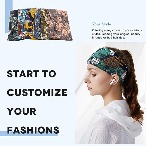 Wide Headbands for Women Girls,Floral Printed Boho Headband Turban Knot Hairband Twist Workout Headbands Fashion Yoga Hair Bands,Pack of 6 - color: Floral Printed