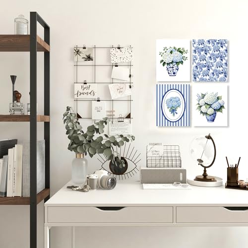 LUKIPOM Chinoiserie Hydrangea Floral Wall Art Posters Set of 4, Grandmillennial Home Decor, Blue and White Porcelain Hydrangea Flower Canvas Prints Artwork Wall Decor, 8x10 Unframed - color: Color 002