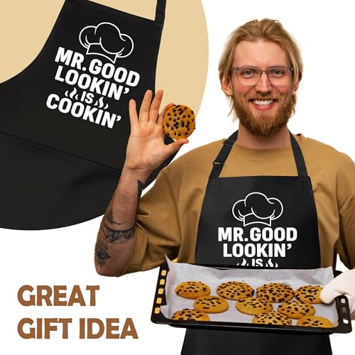Mr. Good Lookin is Cookin Funny Aprons for Men with 2 Pockets, Cooking Apron for Dad, Gag Gifts for Men, Adjustable Grilling Apron for Husband, Chef Kitchen Gifts for Birthday & Father’s Day - A22 - color: Mr. Good Lookin is Cookin 2