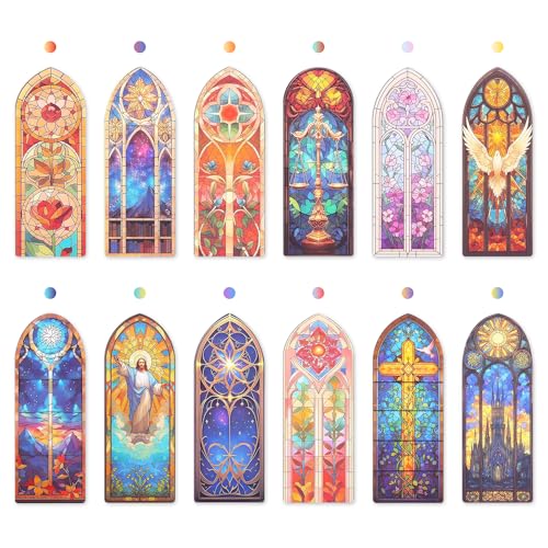 12 PCS Stained Glass Theme PET Bookmarks for Women, Lightweight Church Window Bookmark Set Artistic Book Mark for Girls, Readers, Teenage, Christmas New Year Gift Birthday Present for Book Lovers - style: 12Pcs Stained glass