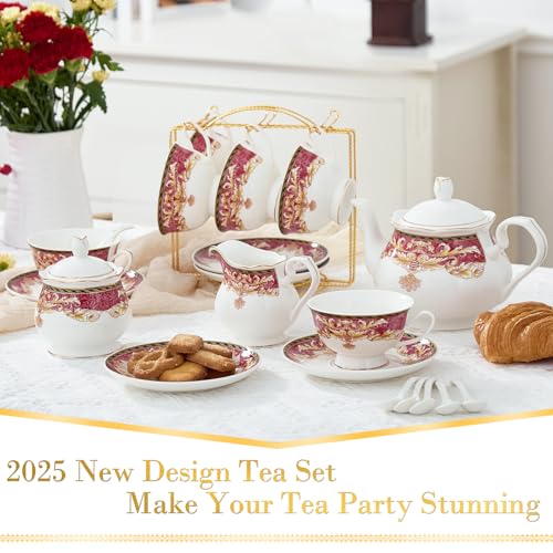DUJUST 22 pcs Royal Vintage Porcelain Tea Set for 6, Luxury British Tea Sets for Adults with Red Patterns & Golden Trim, Beautiful Floral Tea/Coffee Cup Set, Gift Package - Royal Treat for You - color: British Vintage