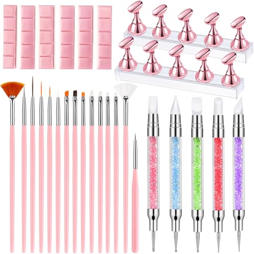 Nail Art Tools,Nail Art Brush,2 sets Nail Stand,5 PCS Dual Tipped Nail Dotting Tool and Sculpture Pen, Acrylic Silicone Nail Pen, Nail Design Tools - color: D2#Pink Style 4