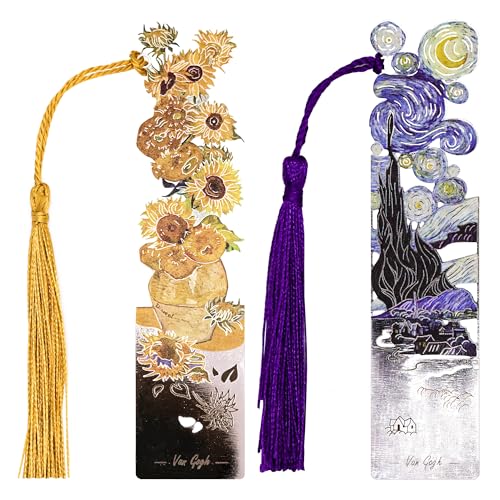 JA&MIU 2PCS Metal Bookmark with Tassel, Oil Painting Sunflower & Starry - style: Sunflower and Starry Night