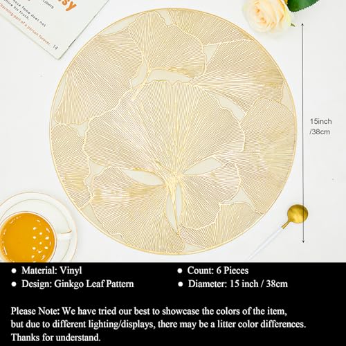 Gold Round Placemats Set of 6 Metallic Pressed Vinyl Place Mats 15 Inch - color: Gold Ginkgo
