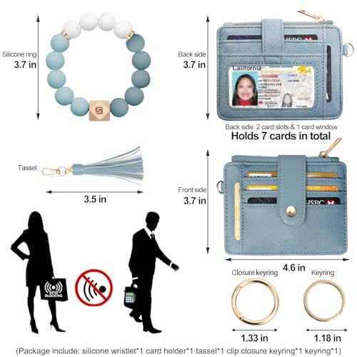 COOLANS Silicone Bracelet Wristlet Wallet Credit Card Holder RFID ID Window Key Ring Tassel Slim Wallet Women Keychain Purse - color: Denim Blue