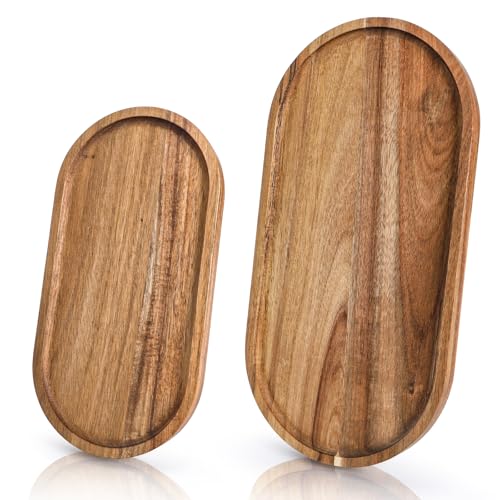 Elsjoy Set of 2 Acacia Wood Serving Trays, Long Wooden Serving Platter Oval Charcuterie Board Set for Home Decor, Fruit, Cheese - size: 15.75" × 7.87", 11.81" × 7.09", Height 0.8"