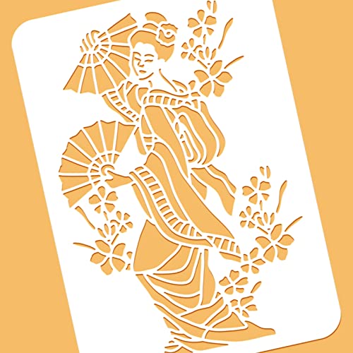 BENECREAT Japanese Geisha Stencils, 8x12inch Oriental Dancer Large Plastic Reusable Painting Templates Stencils for Scrapbooking, Floor Furniture, Wall Art