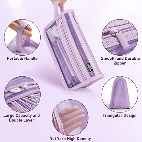 Four Candies Grid Mesh Pencil Case, Clear Double-layer with Handle (Purple) - color: Purple