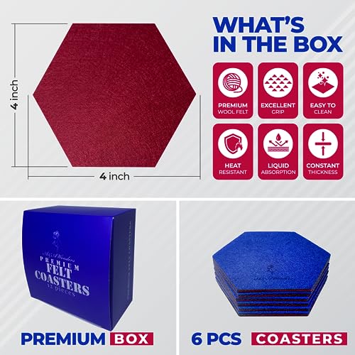 A&A Wonders Premium Felt Coasters for Drink, Absorbent Felt Protects Furniture, Table, Anti Slip, Absorbent, Suitable for Drinks & All Table Types (Wine Red/Royal Blue, Hexagon 6 Pack) - color: Wine Red/Royal Blue, size: Hexagon 6 Pack
