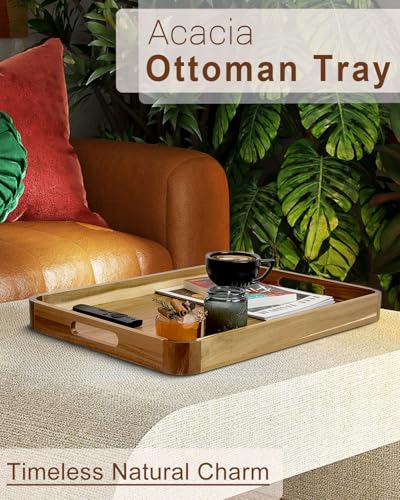 22 Inch Wooden Serving Tray, Acacia Ottoman Tray, Rounded Corners