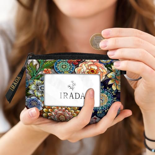 IRADA ID Case Wallet Keychain with Clear ID Window Zipper Cute Coin Purse for Women Water Resistant Small Coin Pouch-Boho Floral Keychain Wallet - color: Boho Floral-Keychain Wallet