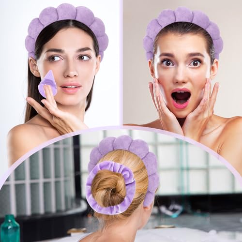 7Pc Puffy Spa Headband and Wristband Set for Washing Face, Skincare With Scrunchies, Powder Puffs, Sponge, Makeup Removal - Terry Cloth for Mask - Purple - color: Purple