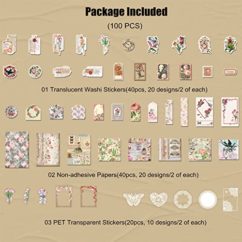 Esweny 100 PCS Vintage Ephemera Pack Journaling Scrapbooking Supplies Scrapbook Sticker Paper Kit for Junk Journal Planners Collage Craft Notebooks Decoupage Album (Flowers) - color: Flowers
