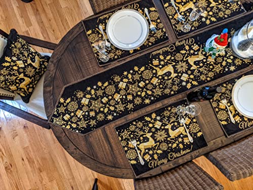 DaDa Bedding Set of 4-Pieces Magical Golden Reindeer Tapestry Placemats - Starry Winter Snowflake Festive Merry Christmas Holiday Yellow & Black - Needle Stitched Woven Table Mats - 13” x 19” - color: Magical Deer