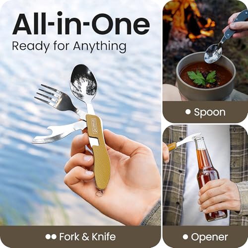 Orblue 4-in-1 Camping Eating Utensils, 2-Pack - Portable Spoon, Fork, Knife & Bottle Opener Combo Set - Stainless Steel Flatware with Detachable Fork - Travel, Backpacking Cutlery Multitool, Yellow - color: 2-PACK Mustard Yellow
