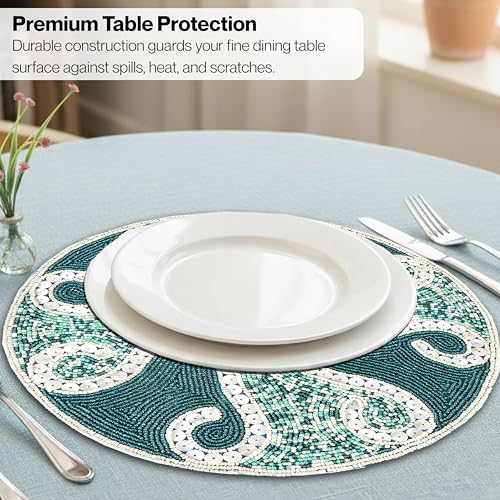 Beaded Placemats 13 Inch Round - Handmade Table Mat for Dining Table, Centerpiece, Wedding, Holiday, Thanksgiving, Gold Silver Beige Glass Beads (Teal Ivory) - ALPHA Living HOME - color: Teal Ivory, size: Set of 1