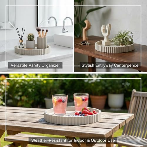 Round Solid Concrete Tray, Fluted Centerpiece for Coffee Table Decor 13" - color: Gray