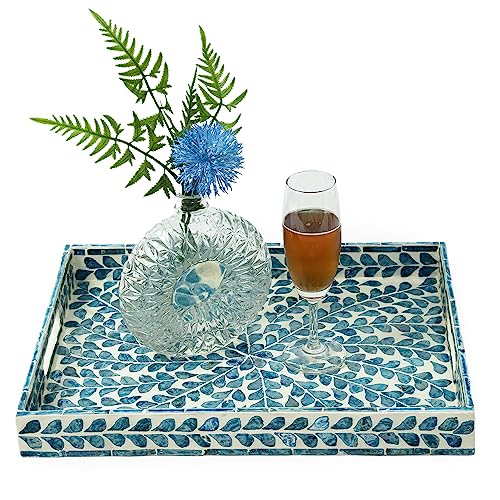 Serving Tray 15.7" X11.8", Lacquer Mother of Pearl Inlay Mosaic Tray, Rectangle Wooden Marble Tray with Handles Trays for Tea, Breakfast in Bed, Table (Blue) - color: Leaf Style