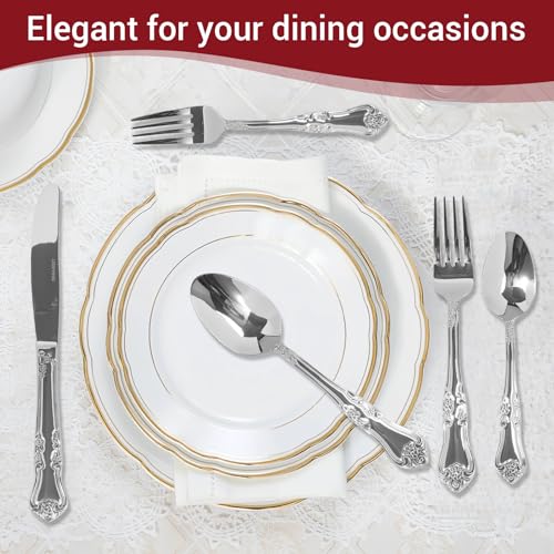 Silverware Set,Stainless Steel Flatware Cutlery Set with Floral Handles,Included Knife Spoon and Fork, Mirror Polished Cutlery Utensil Sets for Home Kitchen Restaurant Wedding, Party - color: Silver, size: 30 pieces for 6
