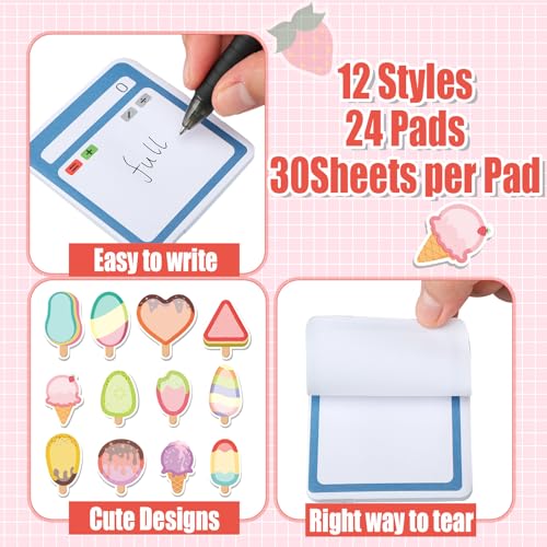 Yinder 24 Pads Ice Cream Sticky Notes Cute Kawaii Cartoon Self Adhesive - color: Multicolor, size: Ice Cream