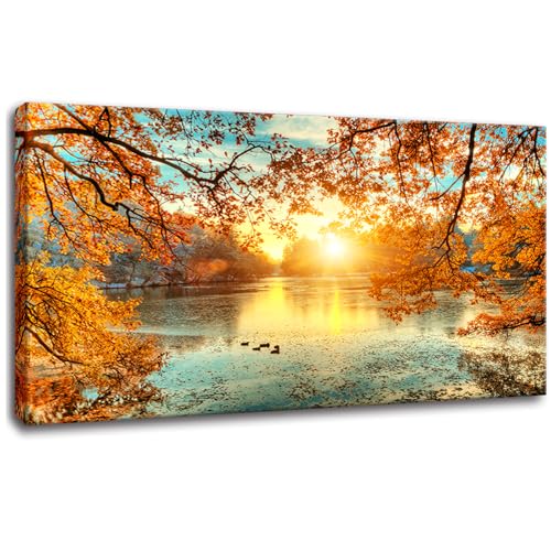 Yxbhhym-Landscape Tree Canvas Wall Art Fall Forest Sunset Wall Decor Poster Lake Water Pictures for bedroom wall decor Natural Scenery Paintings Artwork Large Living Room Decor Home Office Decoration - color: Bblanndscape, size: 48"L x 24"W