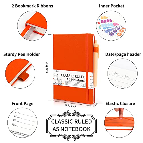5 Pack Journal Notebook Bulk for School, Feela Hardcover Business Notebooks Classic Ruled Lined Journals with Pen Holder for Work Note Taking, with 5 Black Pens, 120 GSM, 5.1”x8.3”, A5, Orange - color: 5 Pack orange