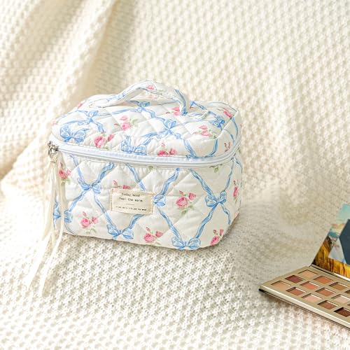 Sminra Large Travel Makeup Bag for Women, Quilted Cosmetic Case with Handle - color: Blue Bow Flowers-L