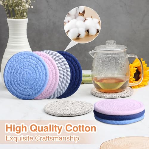 4.8" Drink Cotton Coasters Set of 2 - Large Absorbent Fabric Drink Pads for Coffee Mugs, Stylish Boho Cup Mats for Desk, Bedside Table, Plant Pots – Durable Minimalist Home Decor (Rich Blue, 2pack) - color: Rich Blue