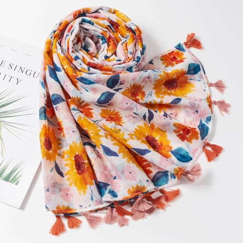 QIUTIMIY Scarf for Women Lightweight Soft Floral Leopard Printed Scarves Fall Winter Fashion Shawl Wrap with Fringe - color: Flower-orange Pink