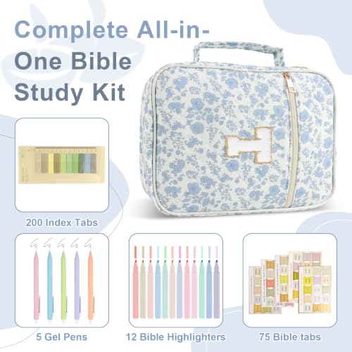 Personalized Initial Bible Cover Case for Women Girls Kid - Large Quilted Bible Case with Handle,Chenille Letter Bag Study Supplies,Christmas Gifts for Christians Birthday Graduation(Blue Flower-T) - color: Blue Flower, size: letter-T