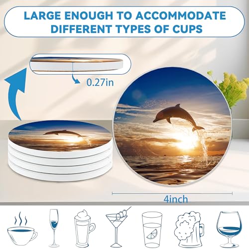 Dolphin Coasters Set of 4, Absorbent Ceramic with Cork Backing, Ocean Beach Coasters for Table Home Décor, Ideal Gifts for Women Men - color: Dolphin Sunset