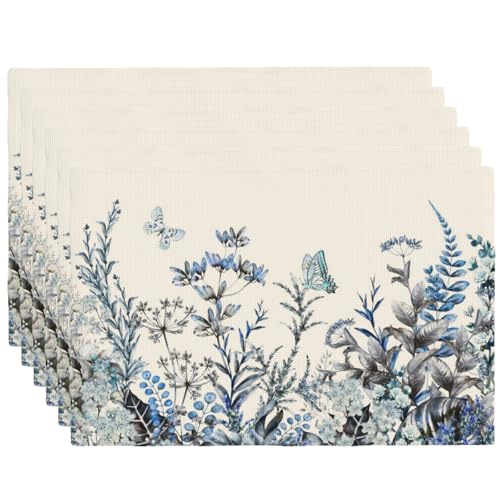 Blue Eucalyptus Floral Leaves Placemats Set of 6 12x18 Inch - color: Blue, size: Set of 6