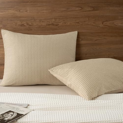 PHF Cotton Waffle Pillow Shams King Size, 20" x 36", Khaki, No Insert - color: Khaki, size: 36" x 20" (Pack of 2)
