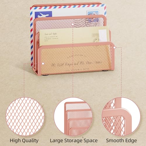 Marbrasse Mail Organizer for Desk, 3-Slot Mesh Metal Mail Holder countertop, Letter Holder, Office Desktop Envelope and Document Storage Rack (Rose Gold) - color: Rose Gold