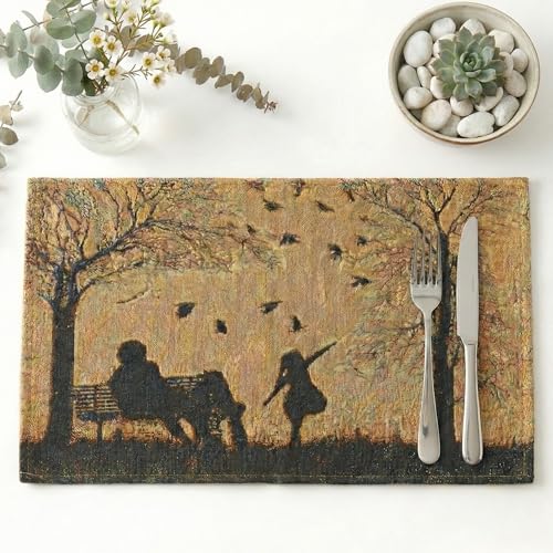 DaDalogy Farmhouse Rustic Dining Placemats - Set of 4 Tapestry Woven Cotton Halloween Kitchen Table Mats Fall Silhouette Decor - Family Cozy Cabin Orange Tan Black Decorative - 13” x 19” - color: Autumn Family Blessing