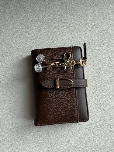 Small Wallet for Women PU Leather Trifold Card Holder with Coin Pocket & Cute Cherry Keychain (Coffee) (Coffee)