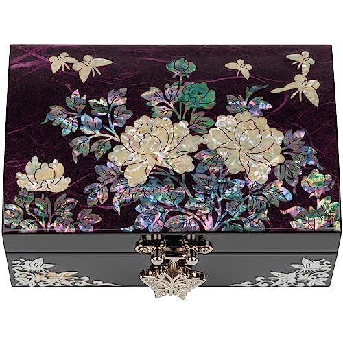 February Mountain Mother-of-Pearl Jewelry Box – Elegant Purple Lacquered Keepsake with Peony & Butterfly Design, Red Velvet Interior – Christmas, Birthday Gift, Unique Jewelry Organizer for Women - color: Purple Haze