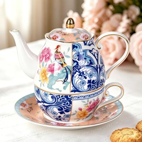 KAMMAK Tea for One Set, Ceramic Teapot, Bone China Tea Set, Cup and Saucer - color: Blue-GH11