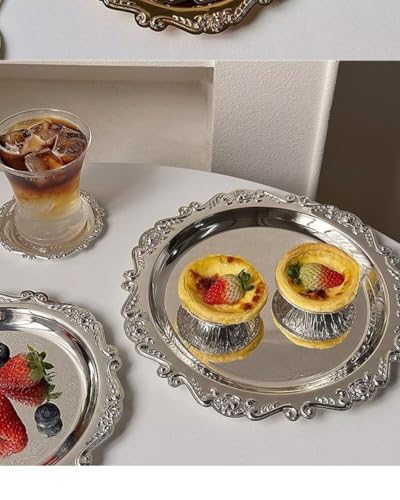 Round Decorative Tray 9.8in Metal Dessert Plates Vintage Coffee Table Tray for Snacks Fruit Silver - color: Silver, size: 9.8"