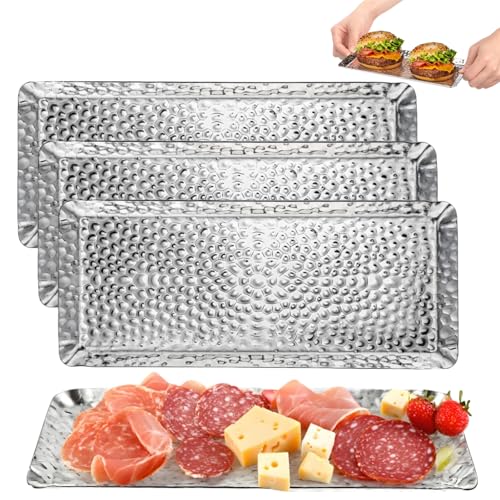 4 Pcs Silver Bathroom Tray, Small Metal Hammered Serving Plate - size: 9.8''L x 4.2''W x 0.4''H